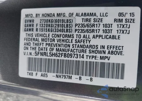 2015 Honda Odyssey Ex-L из США, поврежденный, VIN 5FNRL5H62FB097314